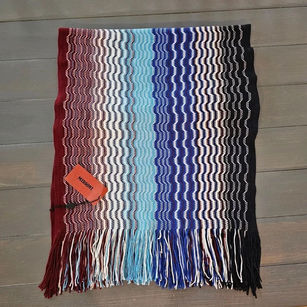 Missoni Knit Zigzag Scarf Italian Made Wool Blend Blue multi color Fringe scarf
